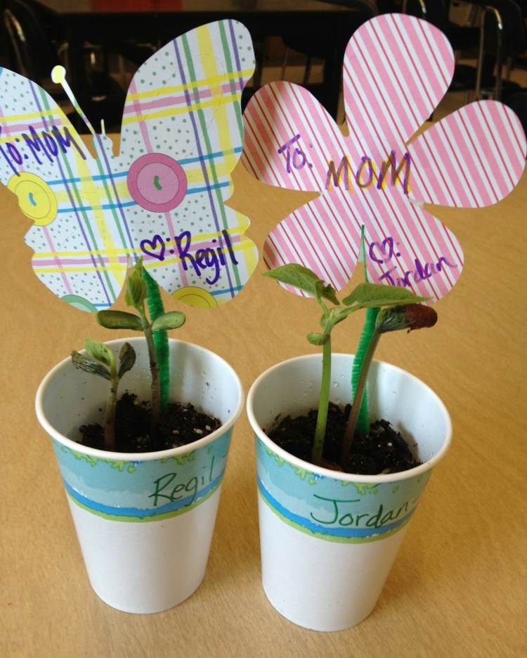Muttertagsgeschenke basteln mit-kindern-kindergarten-bohnenkeim-pflanzen-idee-tonpapier-ausschneiden-blumen-schmetterling-handschrift-namen