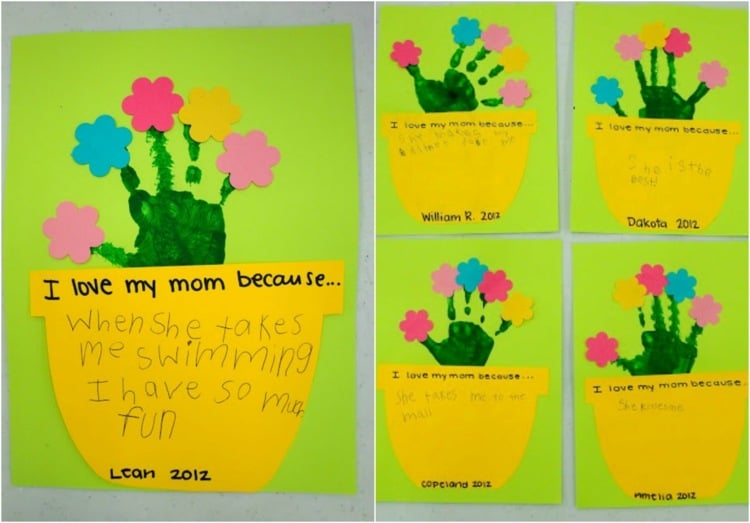 Muttertagsgeschenke basteln mit-kindern-kindergarten-idee-tonpapier-A4-ausschneiden-blumen-handabdruck-gruene-wasserfarbe-handschrift
