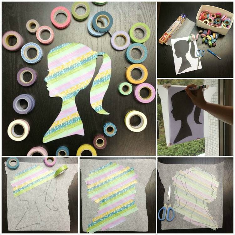 Muttertagsgeschenke-basteln-papier-DIY-schoenes-geschenk-mama-silhouette-ausschneiden-washi-tape-verschiedene-muster