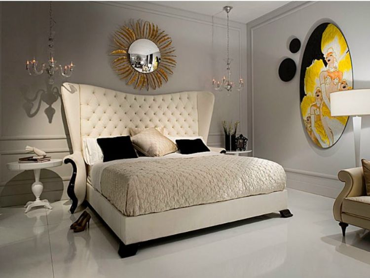 Design Möbel schlafzimmer-polsterbett-waeiss-wand-fleisen-pendelleuchte-spegel-rund