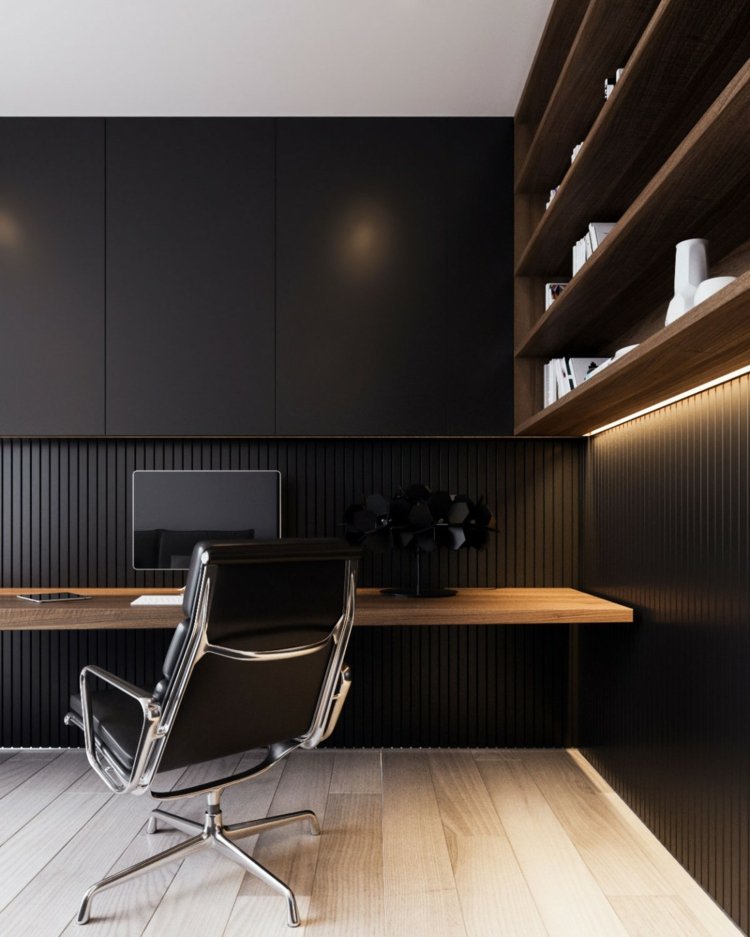 dunkle-wandverkleidung-holz-home-office-indirekte-beleuchtung-metall-stuhl