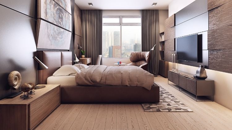 einrichtungsideen-neutralen-farben-schlafzimmer-abgeschraegte-wandpaneele-braun-polsterbett-holzboden