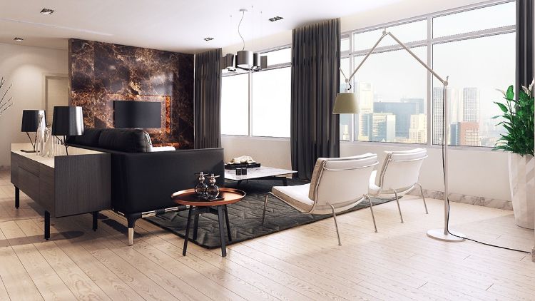 Einrichtungsideen in neutralen Farben wohnzimmer-marmor-wandverkleidung-schwarz-sofa-weiss-sessel-kupfer-tisch
