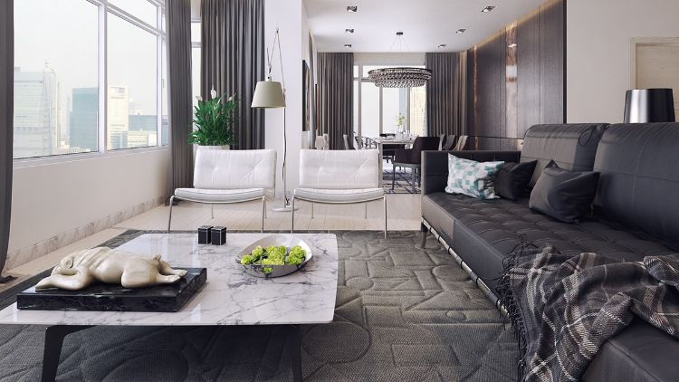 einrichtungsideen-neutralen-farben-wohnzimmer-schwarz-sofa-weiss-sessel-marmor-couchtisch-grosse-fenster