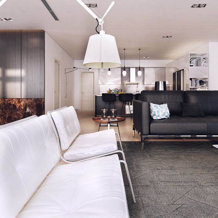 einrichtungsideen-neutralen-farben-wohnzimmer-schwarz-sofa-weiss-sessel-stehlampe-grau-teppich-holz-boden