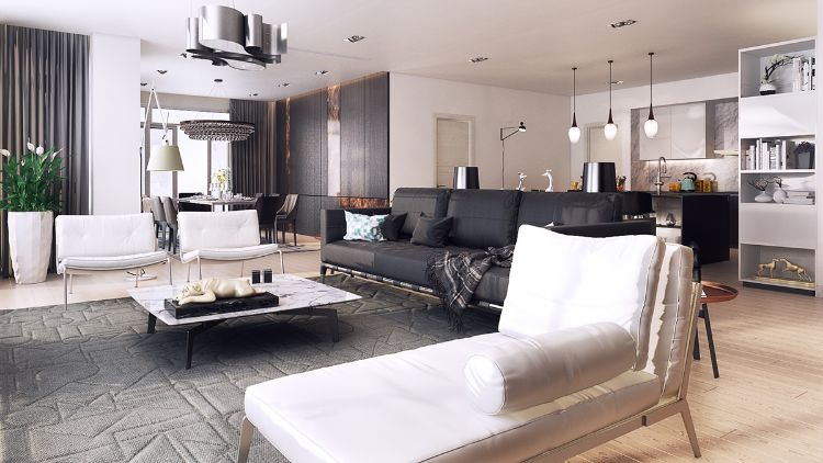 einrichtungsideen-neutralen-farben-wohnzimmer-sofa-schwarz-weisse-sessel-marmortisch-grau-teppich