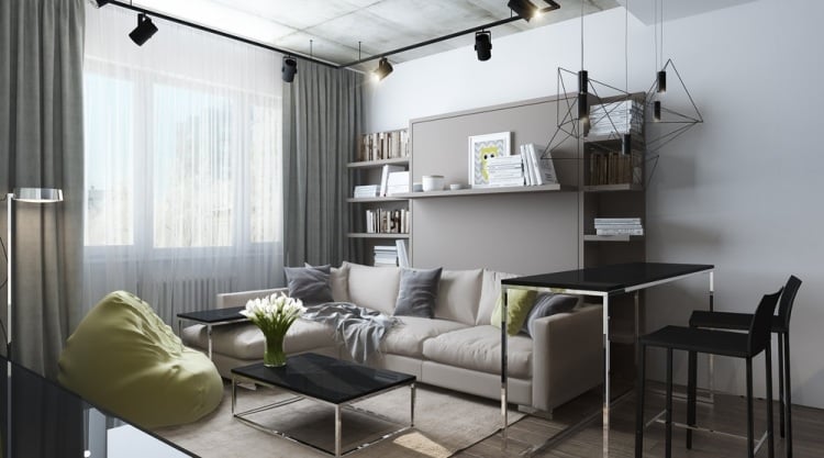 Kleine Wohnung einrichten -30qm-couch-hell-industrial-design-strahler