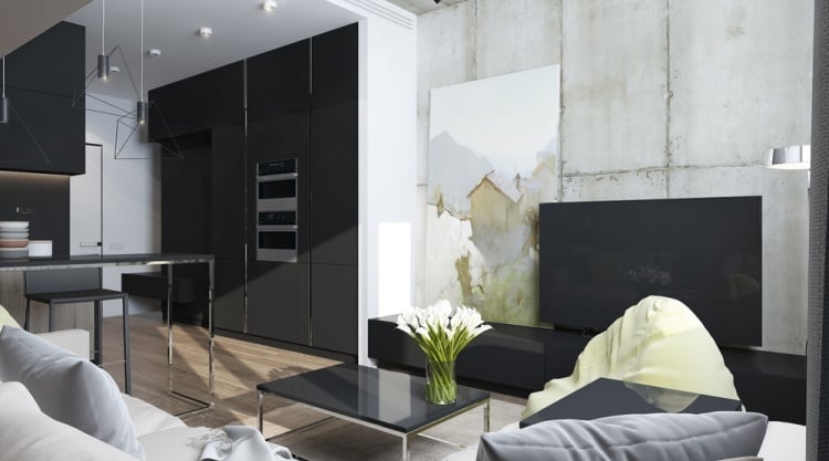Kleine Wohnung einrichten -30qm-industrial-design-hochglanz-anthrazit-reflektierend
