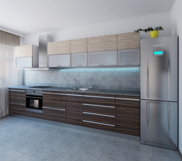 Kühlschrank finden -tipps-moderne-kueche-led-beleuchtung-holzfronten-granit-arbeitsplatte