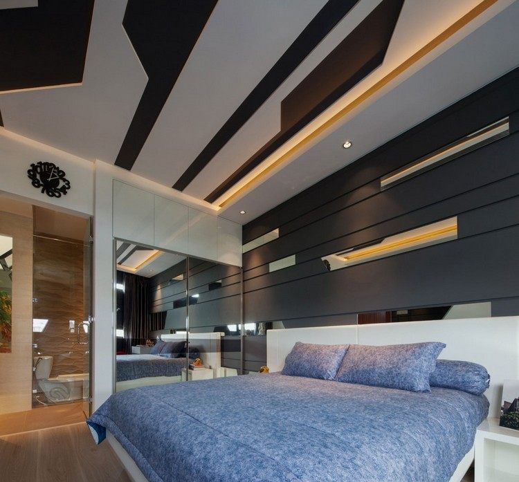 moderne-deckengestaltung-beispiele-schlafzimmer-3d-paneele-schwarz-weiss