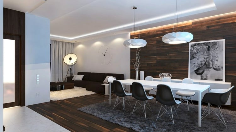 wanddekoration-holz-akzent-essbereich-wohnzimmer-minimalistisch-dunkel-brette-indirekt-beleuchtung