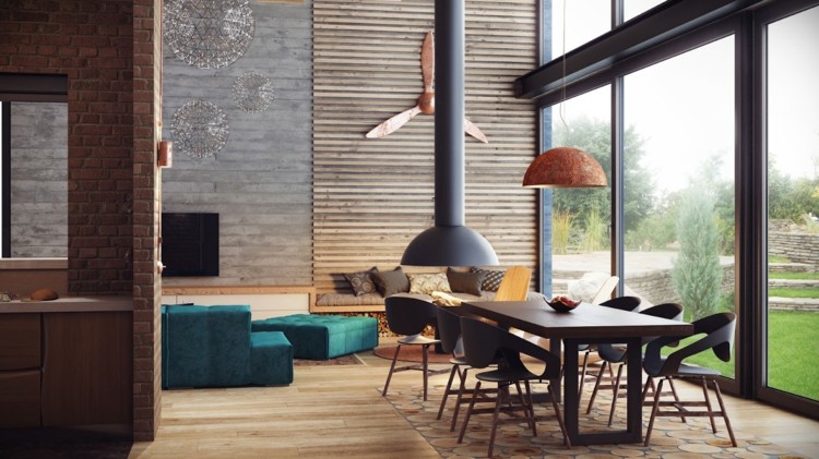 wanddekoration mit holz akzent-leisten-betonoptik-essbereich-tuerkis-sofa