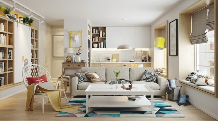 wohnung gestalten akzente-bunt-wohnzimmer-teppich-geometrisch-muster-gelb-blau