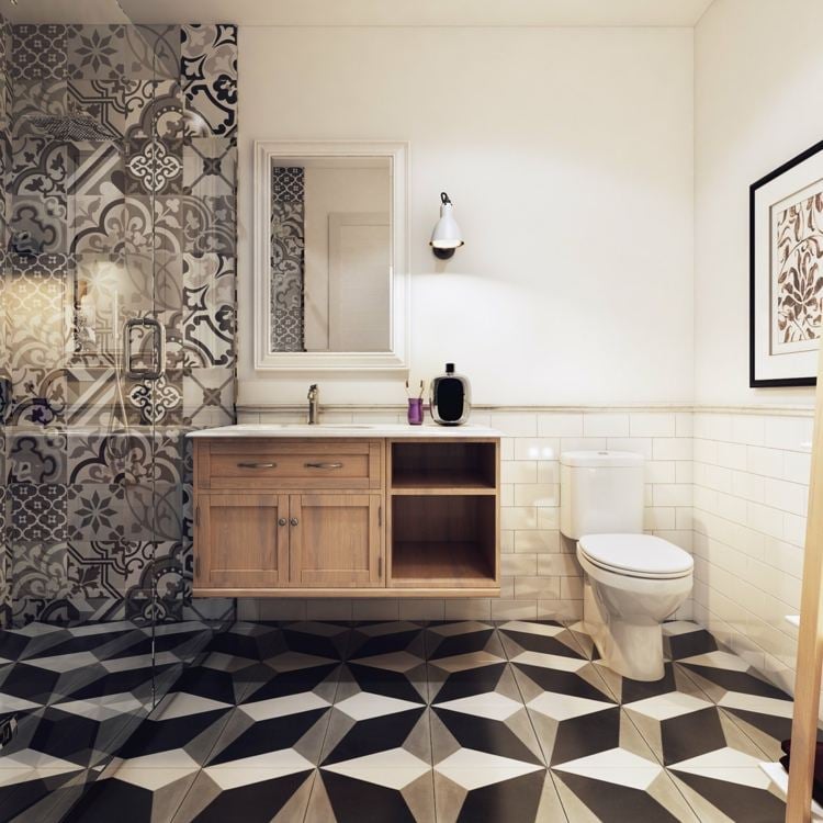 wohnung gestalten badezimmer-geometrisch-fliesen-design-patchwork-dusche