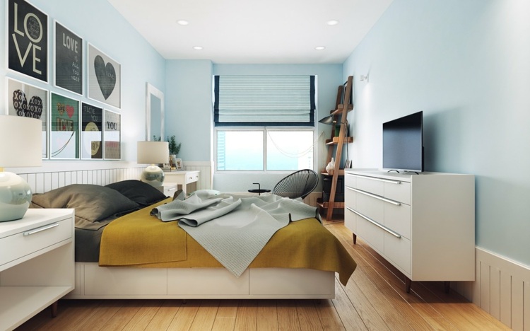 wohnung gestalten schlafzimmer-wandfarbe-hellblau-gelb-bettdecke-kommode-modern