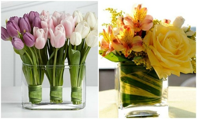 Glasvasen-dekorieren-fruehling-ovale-niedrige-vase-fruehling-lila-weisse-tulipen-gelbe-rosen-inkalilien