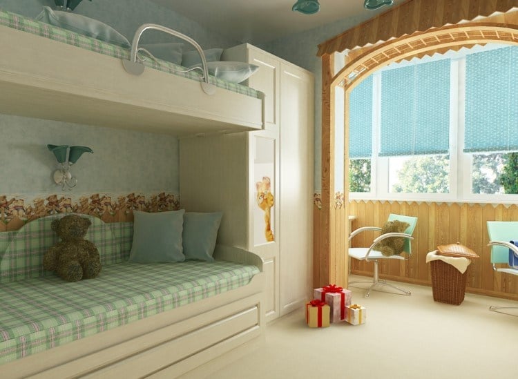 Kinderzimmer-fuer-Zwei-einrichten-kleine-kinder-pastellfarben-tapetten-arbeitsplaetze-kleiderschrank