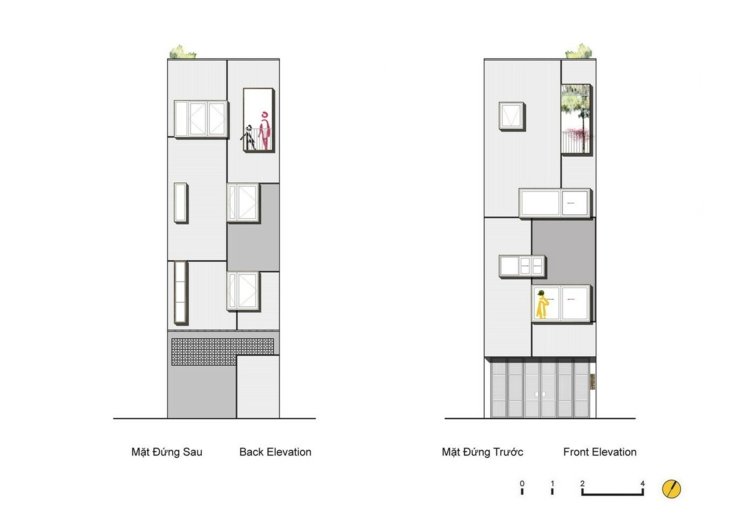 Moderne-Raumteiler-reihenhaus-plan-hinten-frontal-ansicht-vier-stoecke