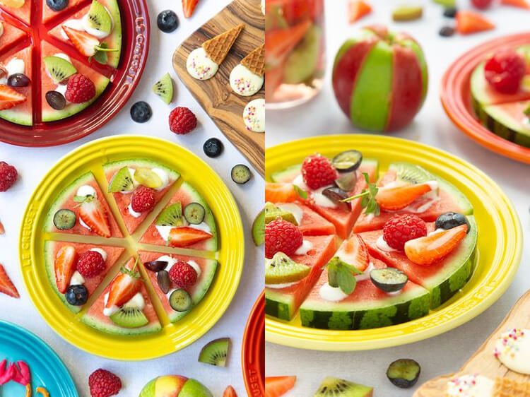 Obstteller dekorieren Pizza aus Wassermelone mit Früchten wie Kiwi und Beeren selber machen