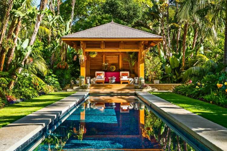 Asiatische Gartendeko gartenlaube-relaxecke-pool-palmen-exotische-pflanzen