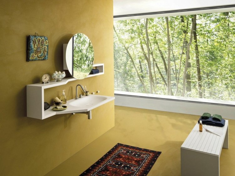 Badezimmer Waschbecken weiss-regal-rund-spiegelschrank-gelb-wand-LAGOLINEA