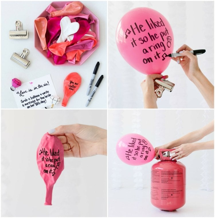 Basteln mit Luftballons brautparty-deko-rosa-helium-beschriftung-schwarz-marker