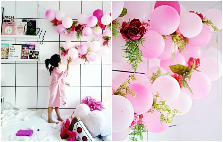 basteln-luftballons-girlande-deko-basteln-mit-kindern-rosa-blumen-gruen-zweig