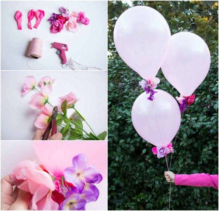 basteln-luftballons-mit-kindern-deko-rosa-kuenstliche-blumen-lila