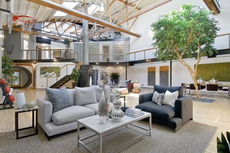 Baum im Haus -interior-dekoration-modern-design-loft-wohnzimmer-SoMa-San-Francisco