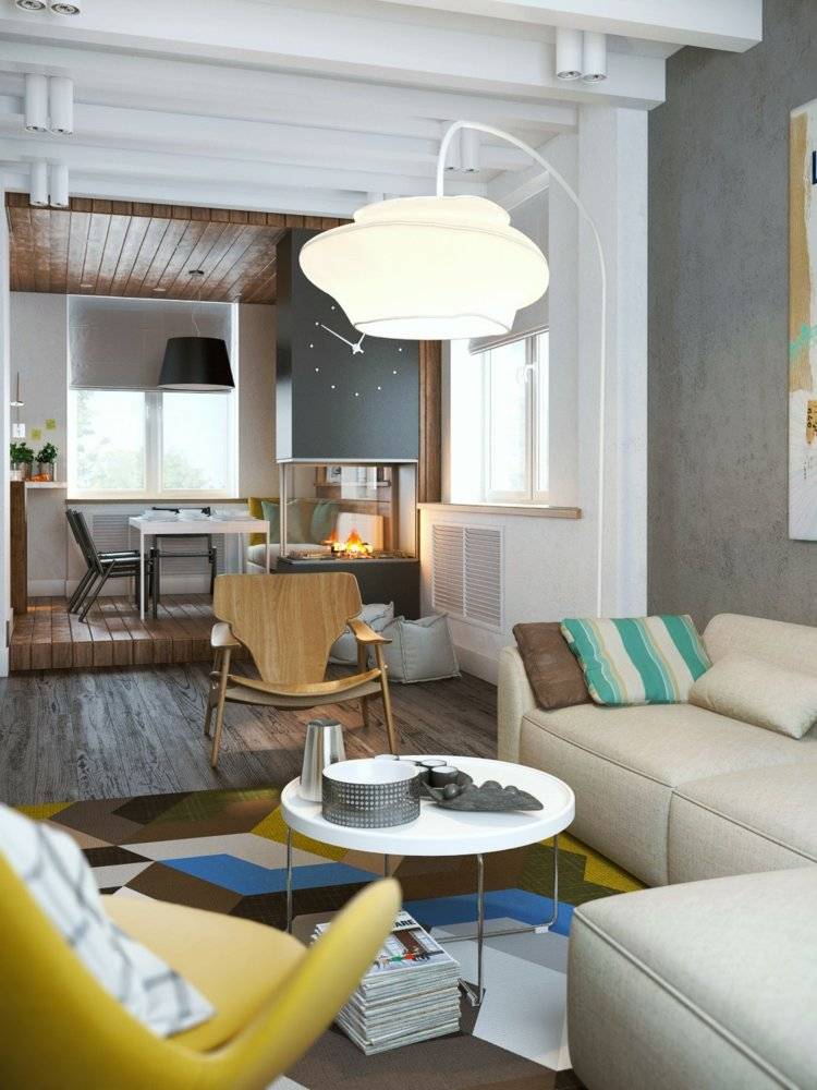 beton-farbe-kueche-wohnzimmer-betonoptik-holzboden-gelb-sessel