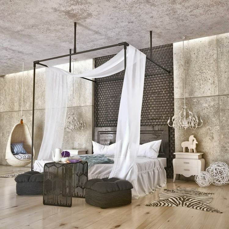 beton-farbe-schlafzimmer-betonoptik-wand-zimmerdeke-himmelbett-holzboden