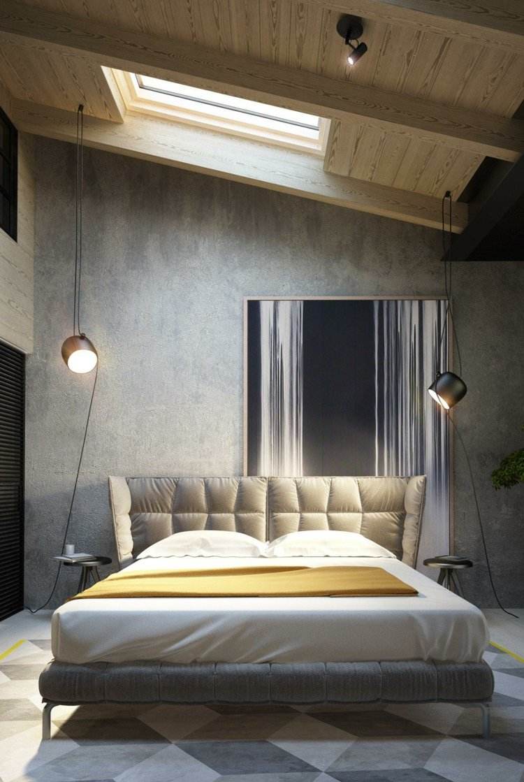 Beton Farbe schlafzimmer-wandgestaltung-betonoptik-grau-polsterbett