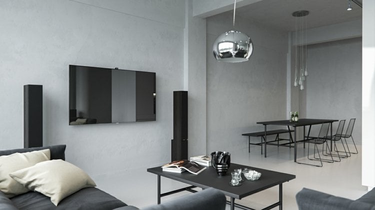 beton-farbe-wohnzimmer-essbereich-wandgestaltung-betonoptik-schwarz-esstisch-sofatisch-sofa