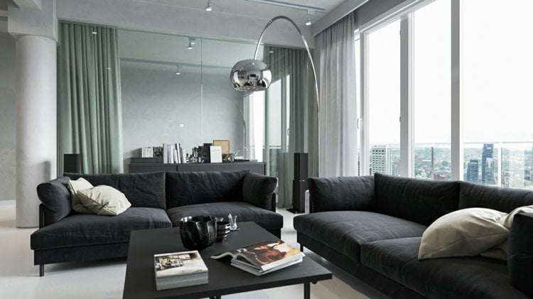 beton-farbe-wohnzimmer-schwarz-sofa-sofatisch-spiegelwand