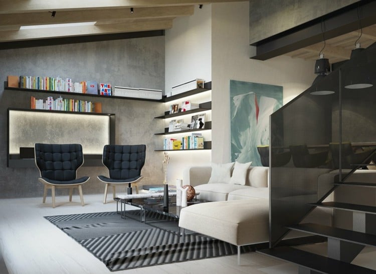 Beton Farbe wohnzimmer-wandfarbe-betonoptik-beige-sofa-schwarz-sessel