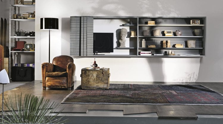 bucherregal-design-wohnzimmer-grau-vorhang-ausziehbar-modern