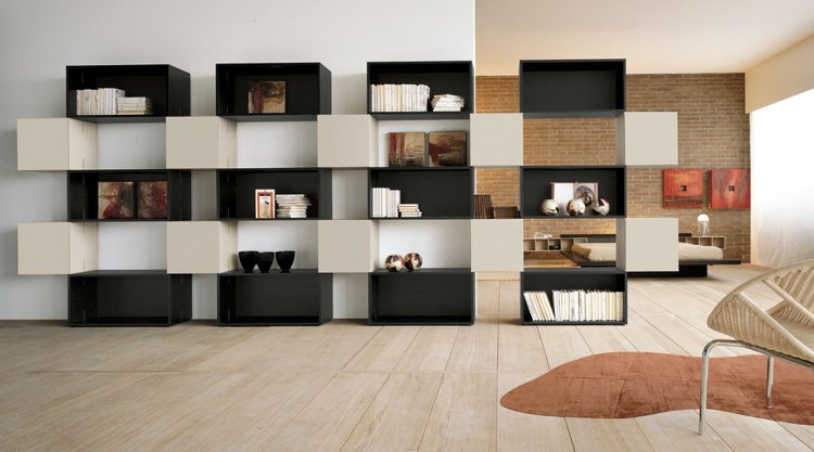 bucherregal-design-wohnzimmer-modern-schwarz-klinker-ziegelwand