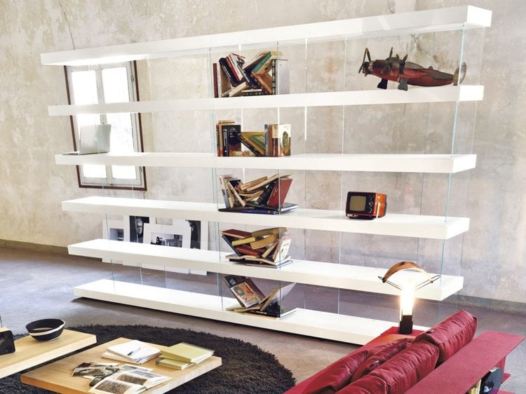 Bücherregal Design -wohnzimmer-raumteiler-weiss-glas-modern