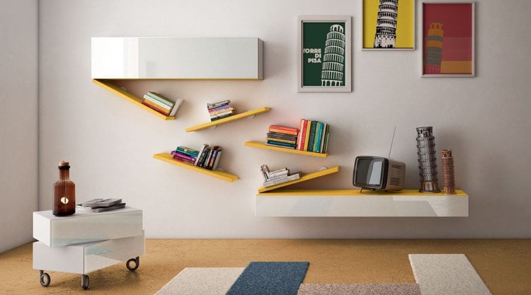 bucherregal-design-wohnzimmer-weuss-gelb-modern-hochglanz-kreativ