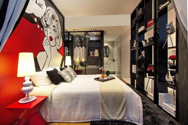 einrichtungsstile-2016-trends-schlafzimmer-pop-art-wandgestaltung-wandregal-raumteiler-glas-kleiderschrank