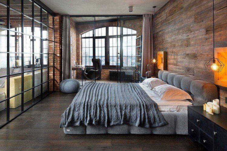 einrichtungsstile 2016 trends-schlafzimmer-retro-industrial-graues-polsterbett-holzboden-wandverkleidung