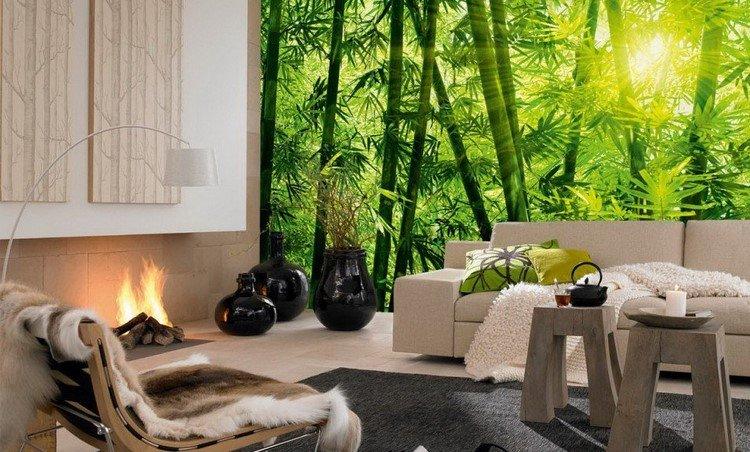 einrichtungsstile-2016-trends-wohnzimmer-exotisch-dschungel-gefuehl-fototapete-bambus-wald-gruen