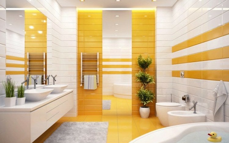 gelb-badezimmer-gestaltung-idee-streifen-weiss-kacheln-pflanzen