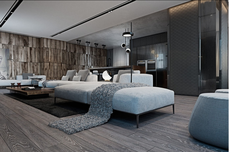 Laminat in Grau holz-wandverkleidung-modern-couch-offene-kueche