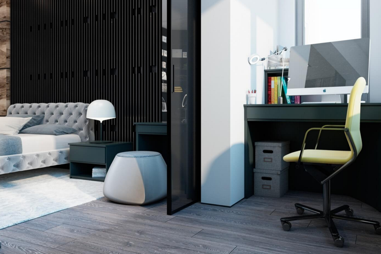 laminat-grau-wandverkleidung-modern-schlafzimmer-polsterbett-arbeitsplatz-drehstuhl