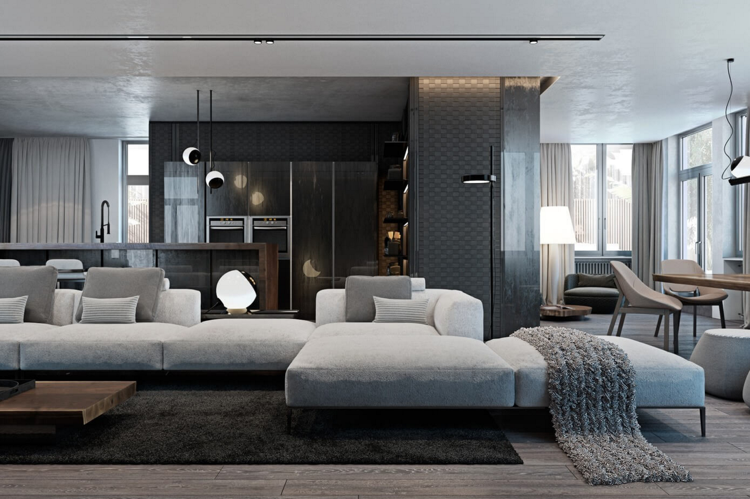 Laminat in Grau wandverkleidung-modern-struktur-wohnzimmer-couch-polster