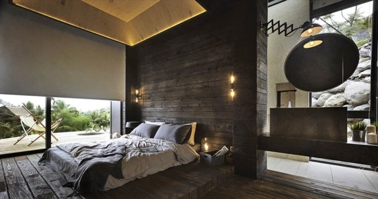 natursteine-findlinge-modern-schlafzimmer-holz-wandverkleidung-decke-dunkel