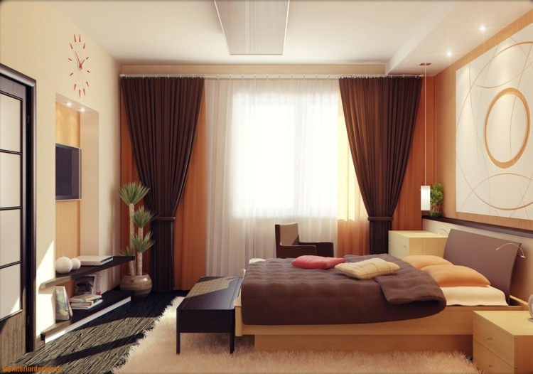 schlafzimmer-vorhang-design-braun-weiss-orange-transparent-stoff