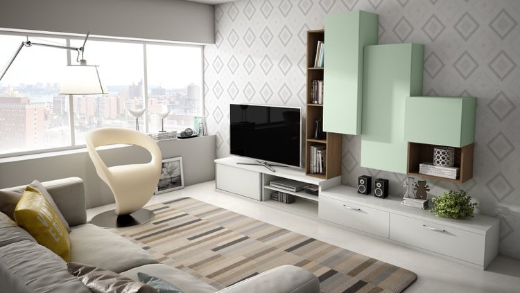 TV-Möbel Trends 2016 weiss-matt-holz-pastellgruen-tapeten-wohnzimmer-rautenmuster