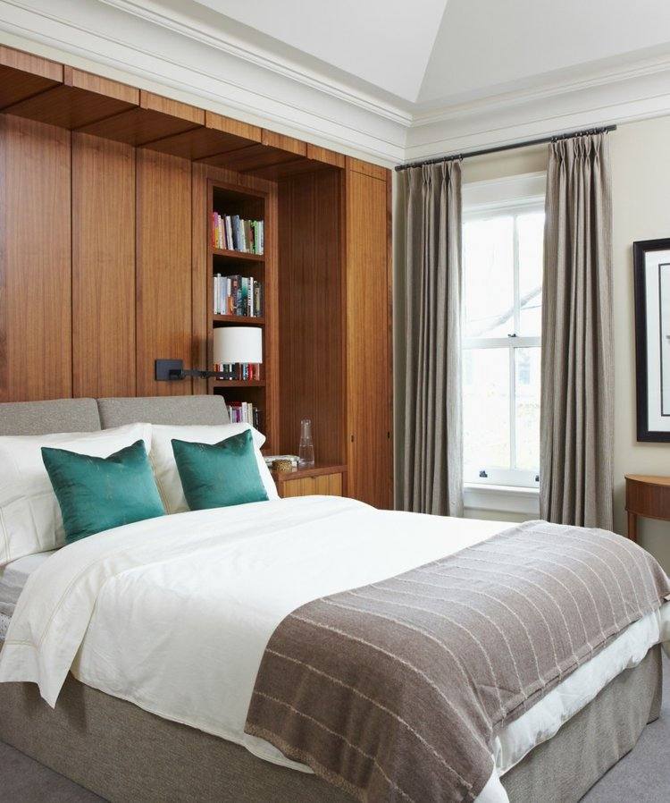 vorhang-design-schlafzimmer-grau-60er-jahre-flair-wand-holz-verkleidung